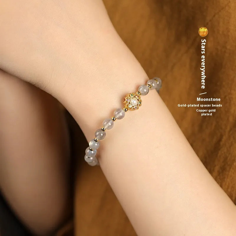 Hand-woven crystal bracelet with grey moonstone, sunstone, and strawberry quartz 6mm beads