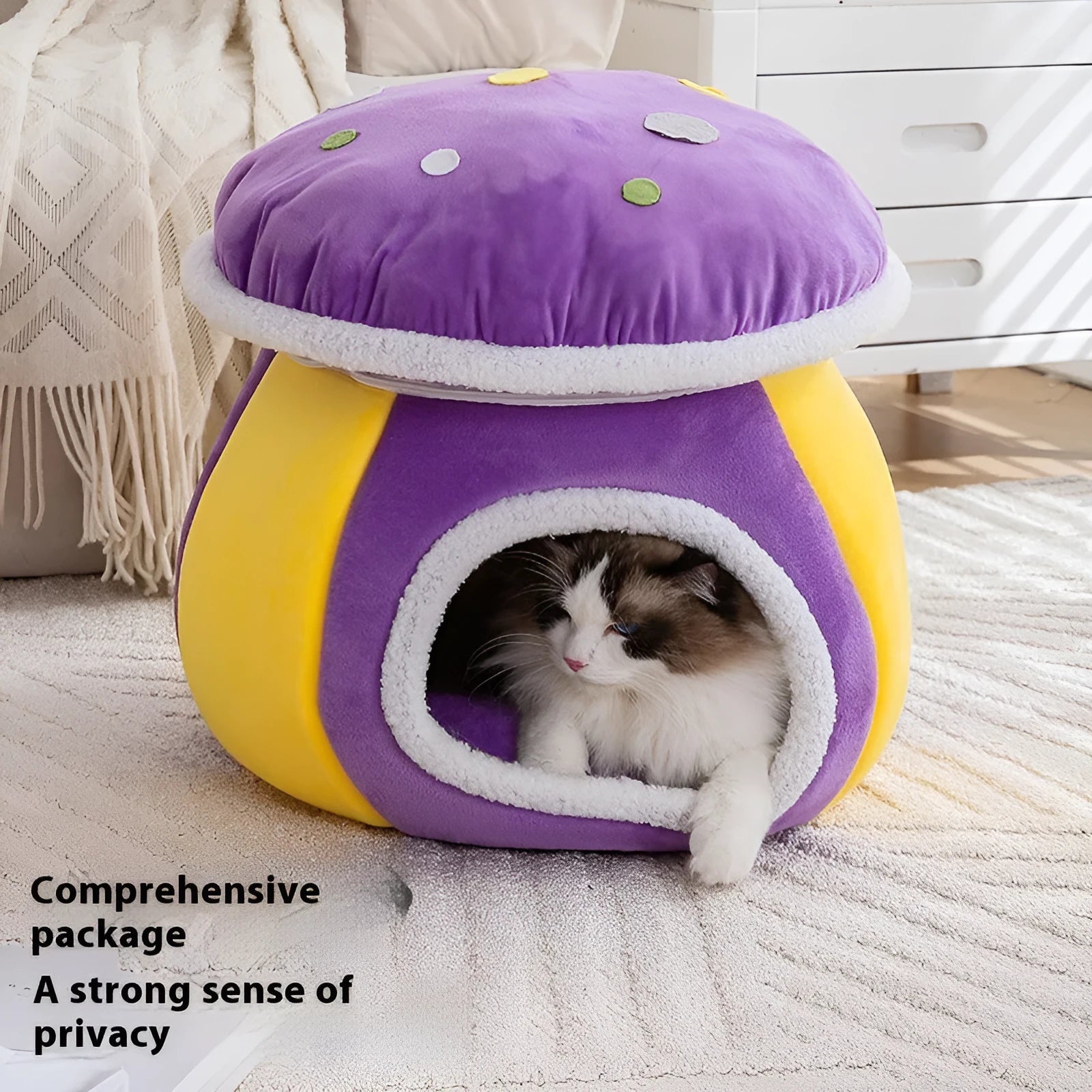 Grey mushroom-shaped plush cat bed with high walls and a detachable thermal blanket inside.