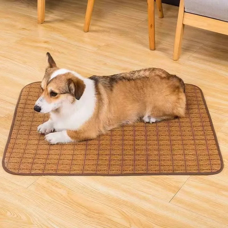 Brown woven rattan fibre dog cooling mat shown on a floor, available in multiple sizes.