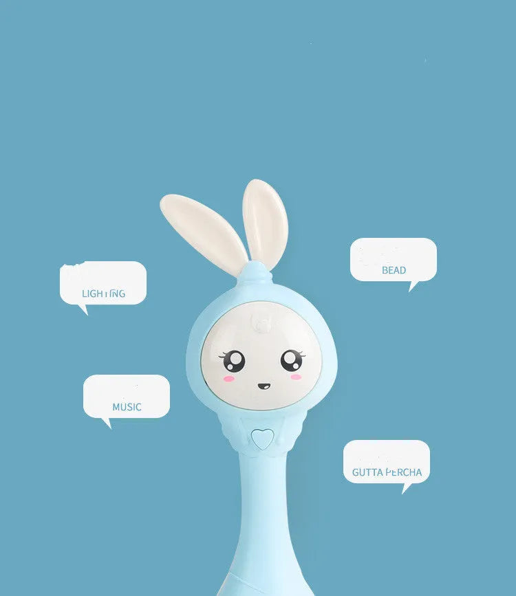 Baby musical rattle stick chewable teether toy in light blue, mint green, orange, or pink.