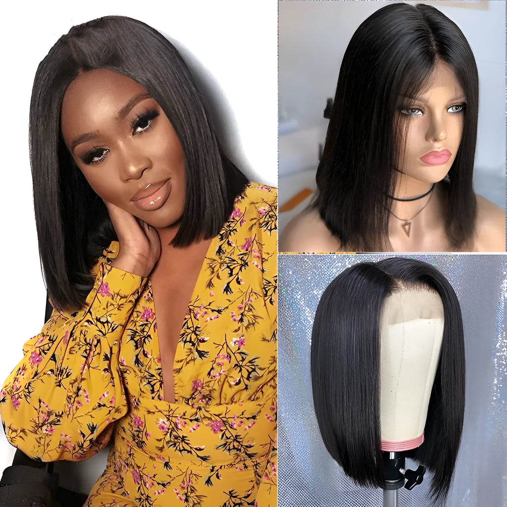 Front lace black short straight wig half hand-woven chemical fiber high temperature silk black colour