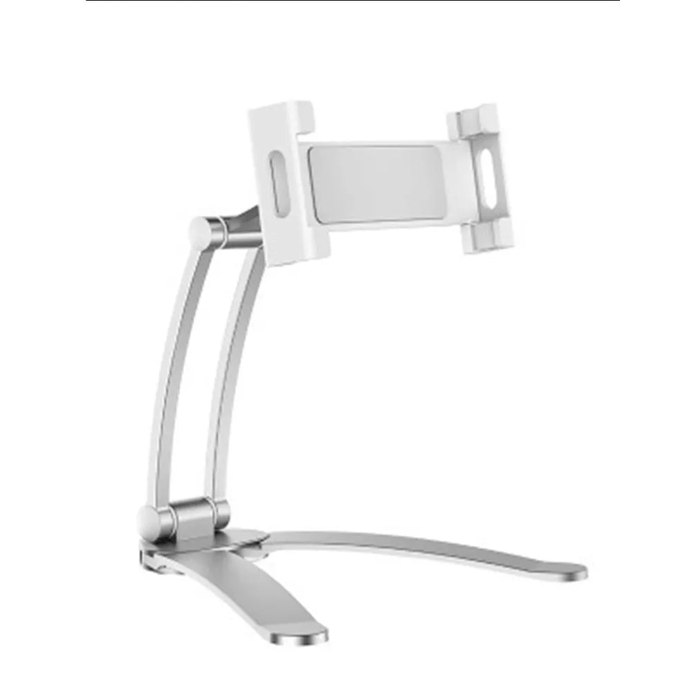 Silver aluminium alloy tablet stand with adjustable black clips holding a tablet, showing 360-degree rotation on a wooden desk.