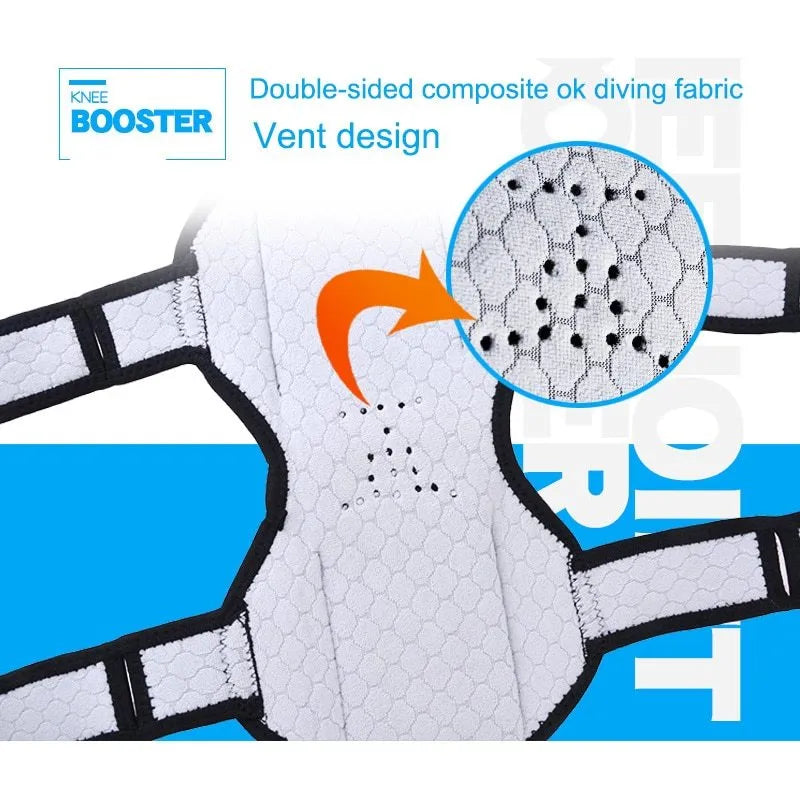 Adjustable knee brace with booster spring mechanism in breathable fabric for sports support