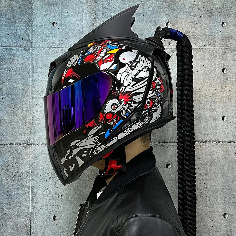 Dirty Braids pattern full face motorcycle helmet in ABS on a white background.