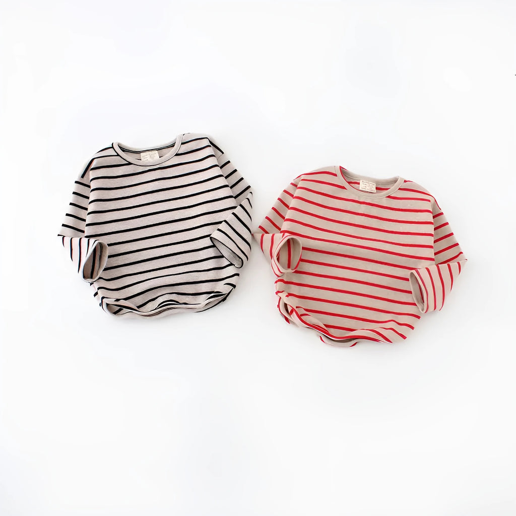 Girls' striped long sleeve t-shirt in red or black, 100% cotton, Asian sizes 80-104cm