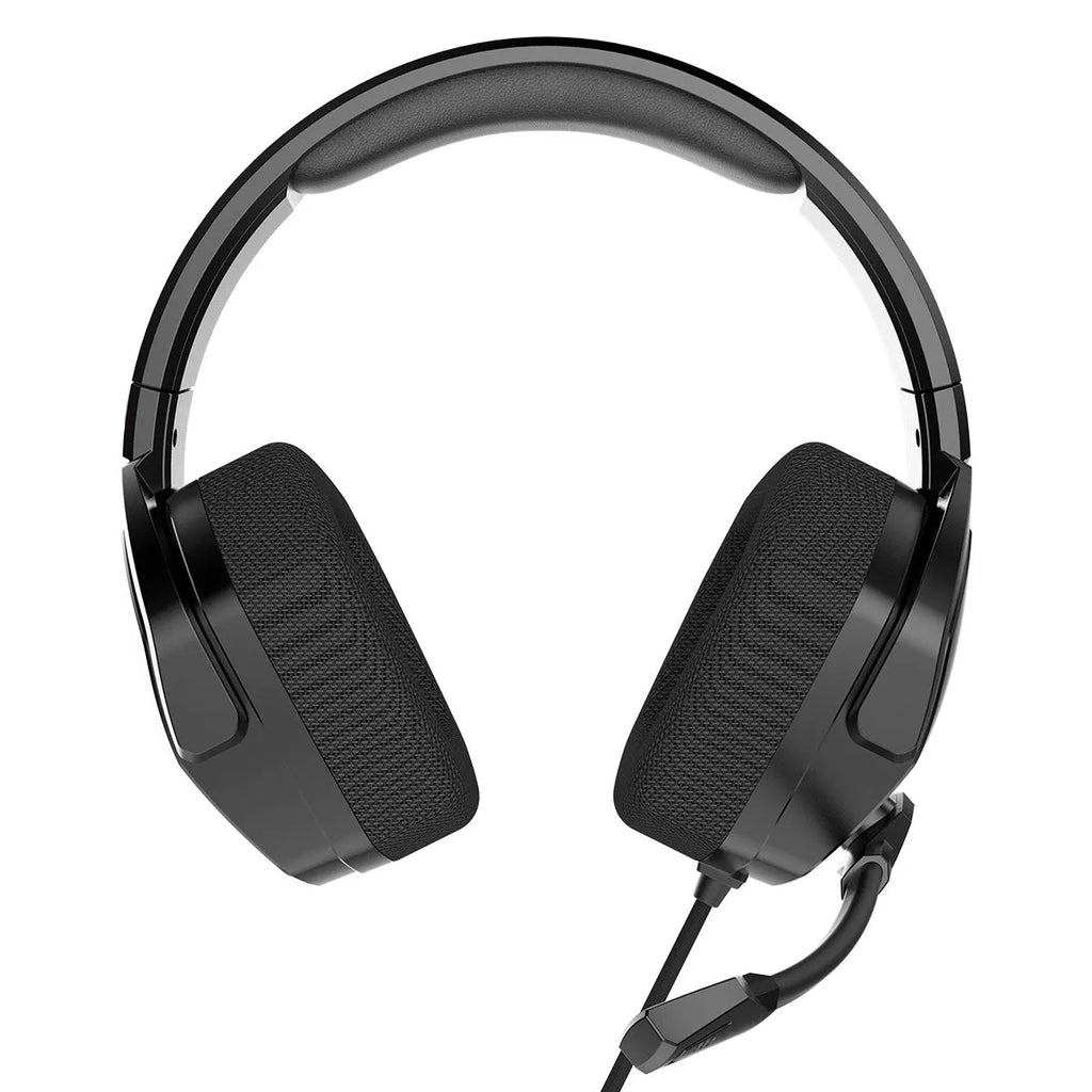 Wired esports game headset with 50mm driver, artificial leather earmuffs, and braided cable in black and orange