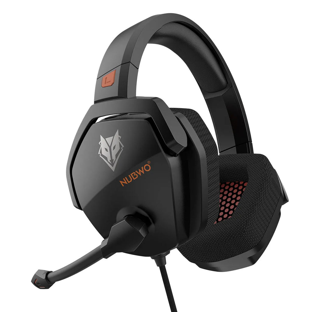 Wired esports game headset with 50mm driver, artificial leather earmuffs, and braided cable in black and orange