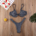 Women's spandex bikini set in black, blue, or leopard print, sizes S to XL