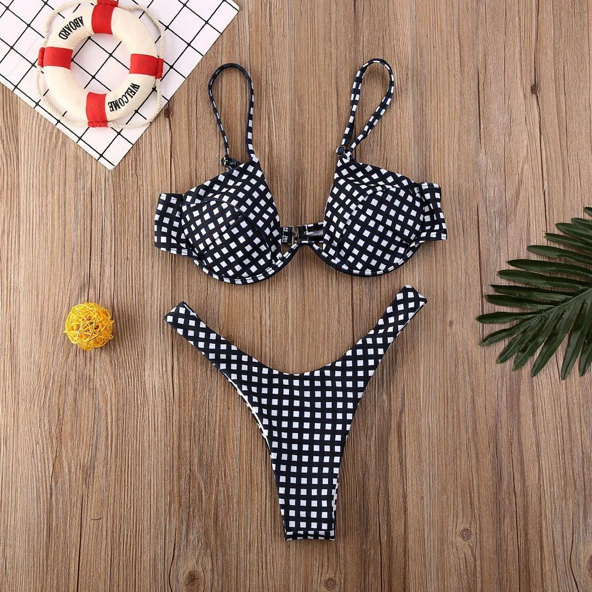 Women's spandex bikini set in black, blue, or leopard print, sizes S to XL