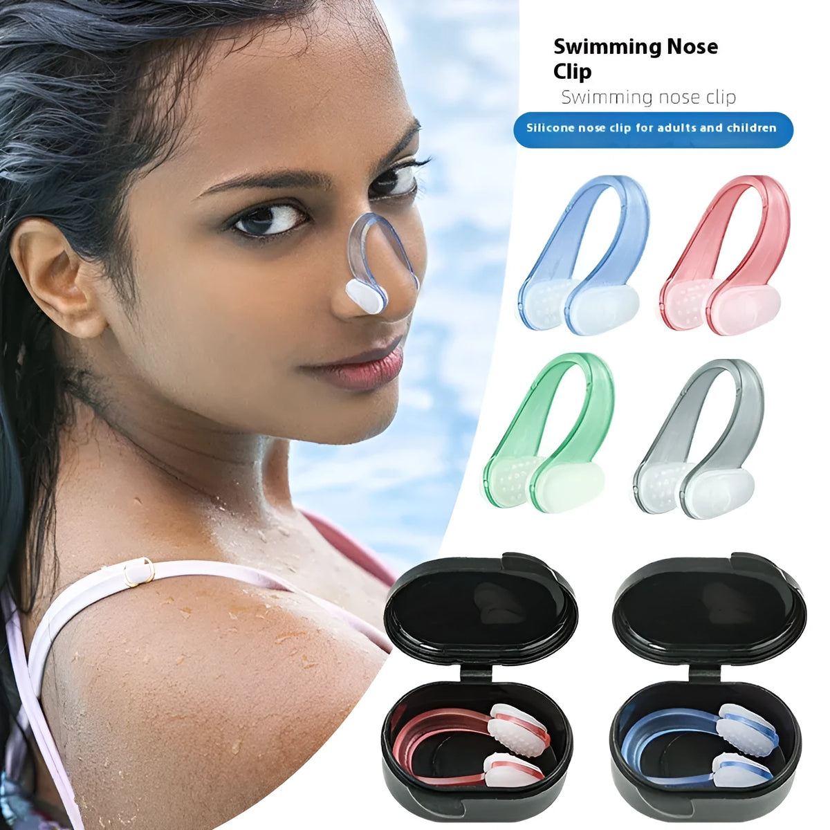 Silicone nose clip for swimming in bright blue, pink, black, and green with black storage box