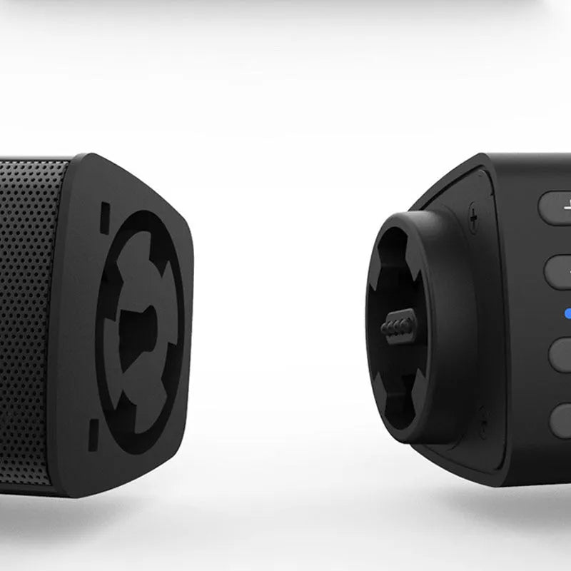 Black foldable split TV Bluetooth speaker with plastic housing showing speaker grilles and control buttons