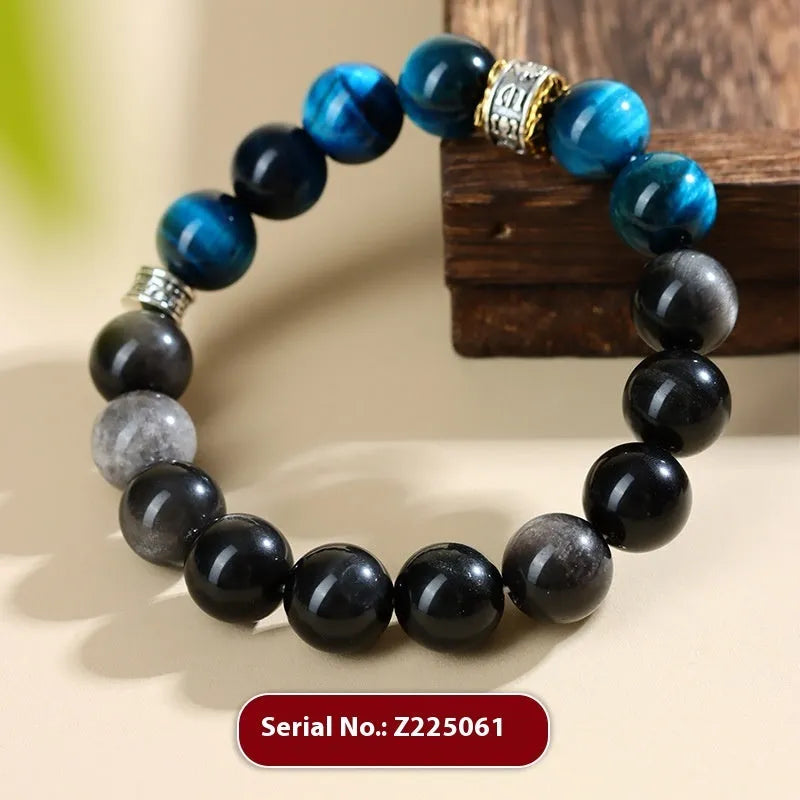 Handmade peacock blue tigereye stone bracelet with geometric design and silver accents