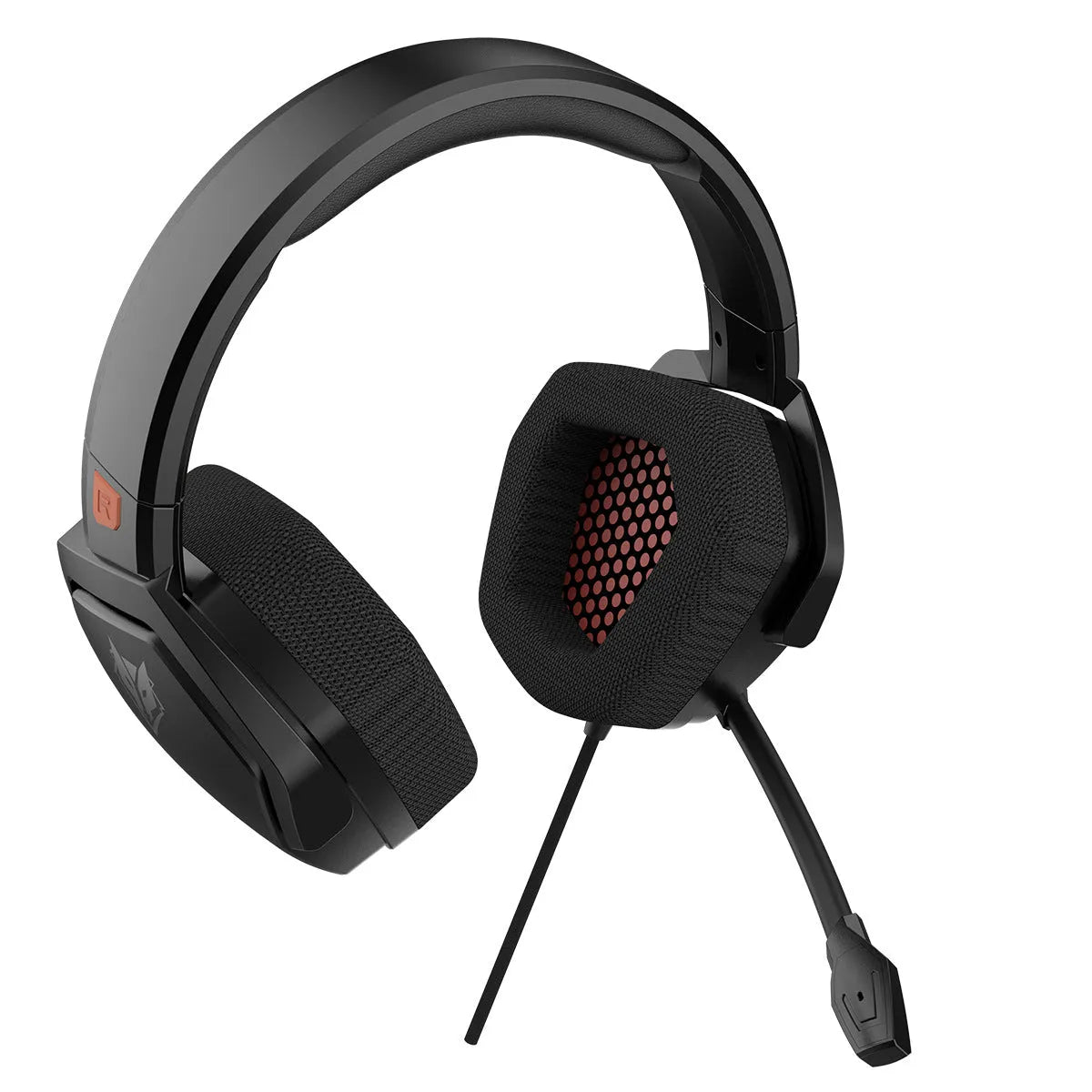 Wired esports game headset with 50mm driver, artificial leather earmuffs, and braided cable in black and orange