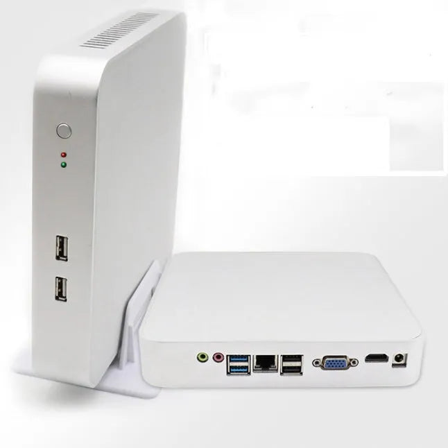 Mini computer host with Intel I5 processor, 157x107x25mm, featuring HDMI, VGA, USB-4 and RJ45 ports on front panel
