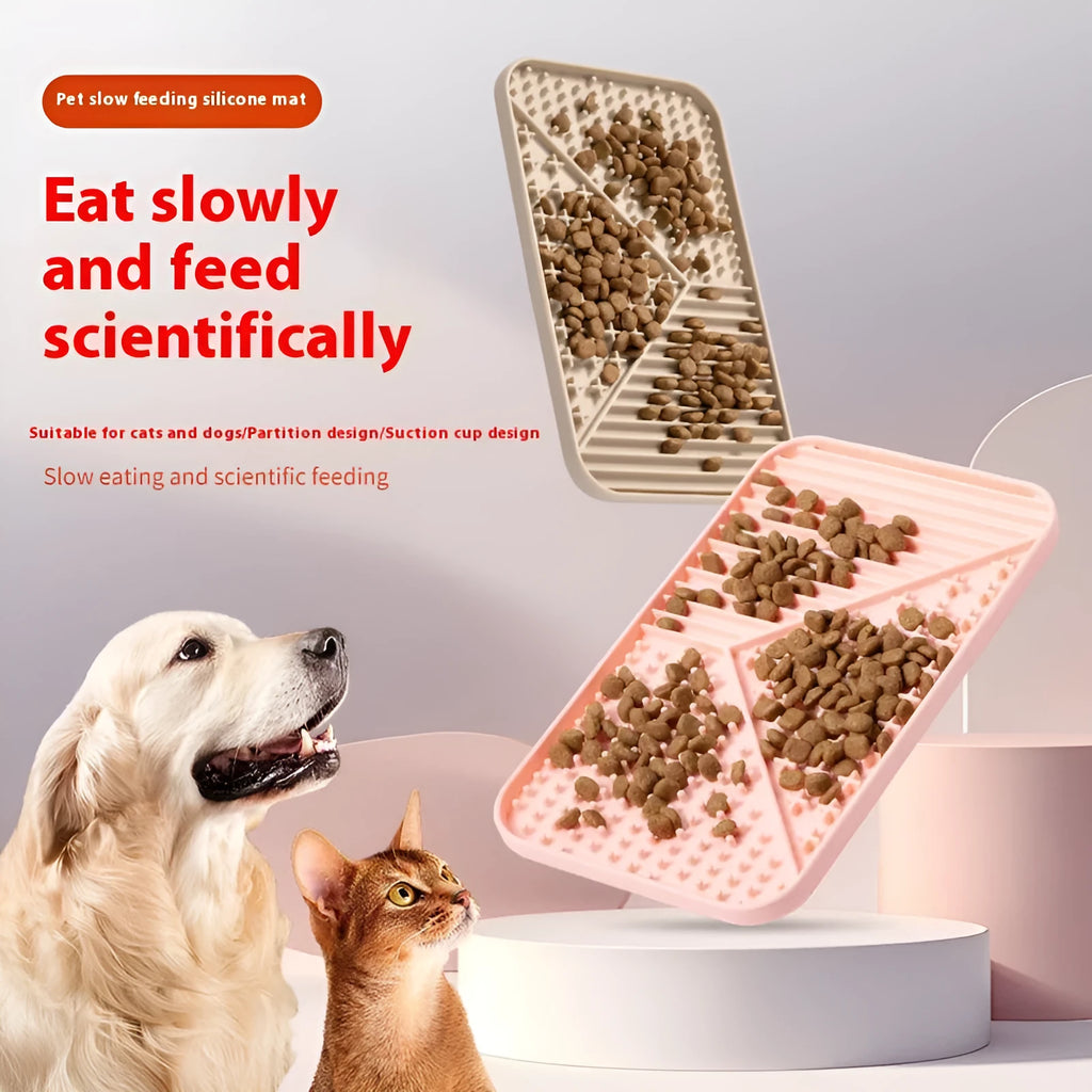Silicone pet licking mat with textured surface and suction cup base in grey, khaki, or pink colour.