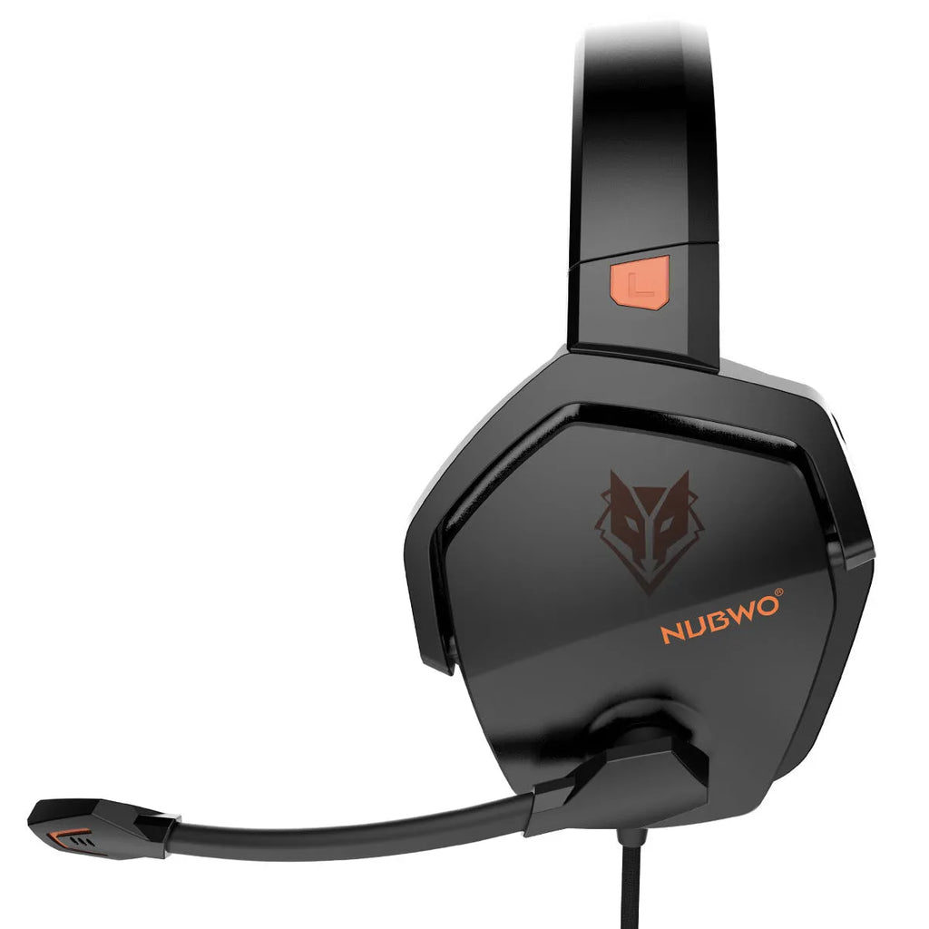 Wired esports game headset with 50mm driver, artificial leather earmuffs, and braided cable in black and orange