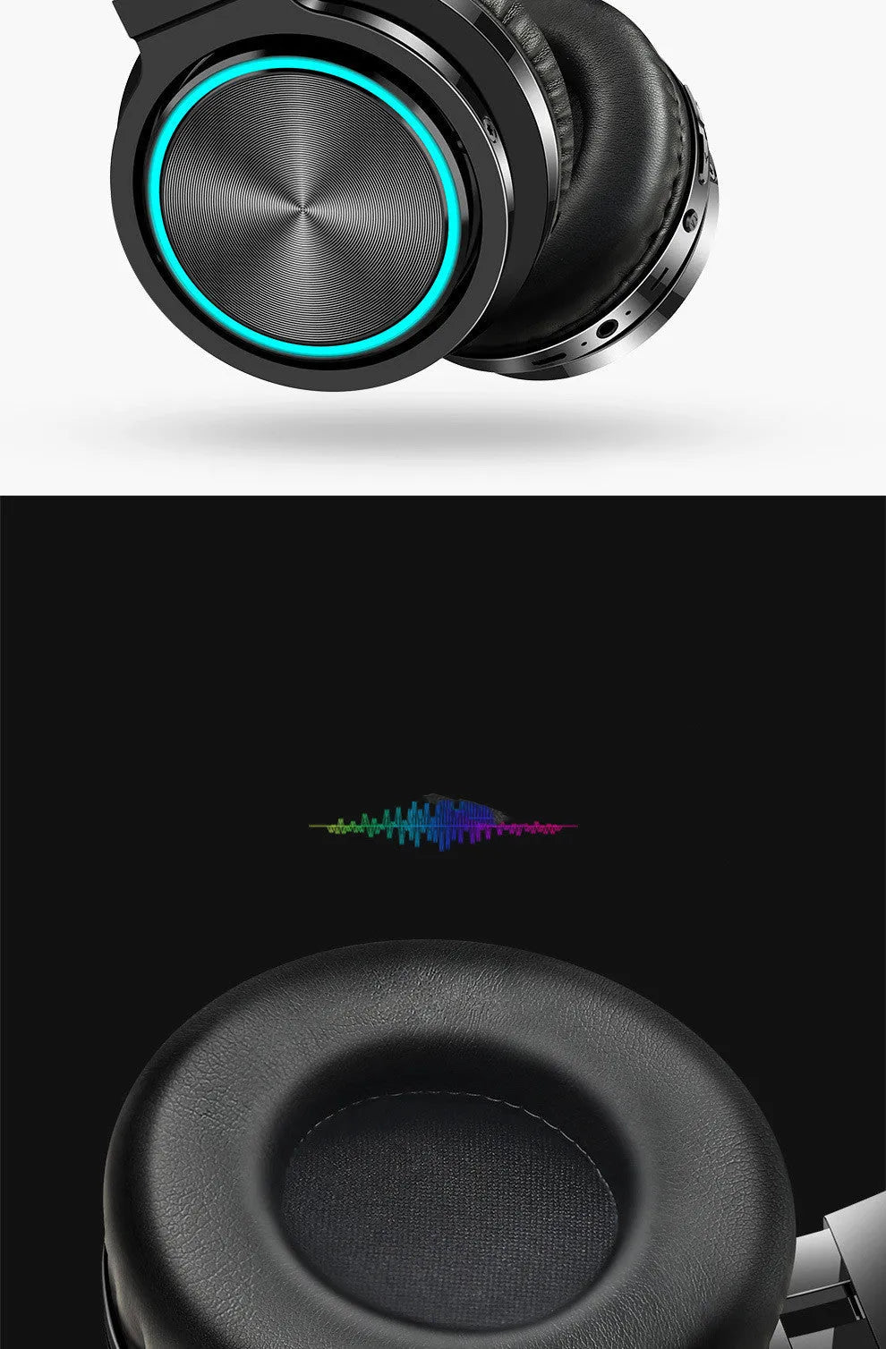 Wireless folding headset with Bluetooth 5.0 showing black, black and red, and white and grey colour variants