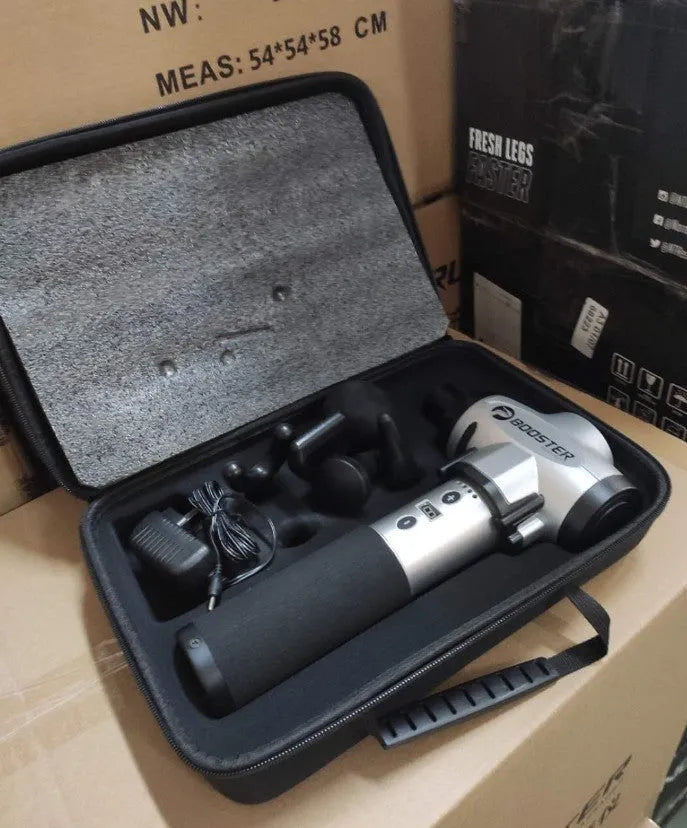 Black and white cordless massage gun with adjustable speed settings for muscle relaxation.