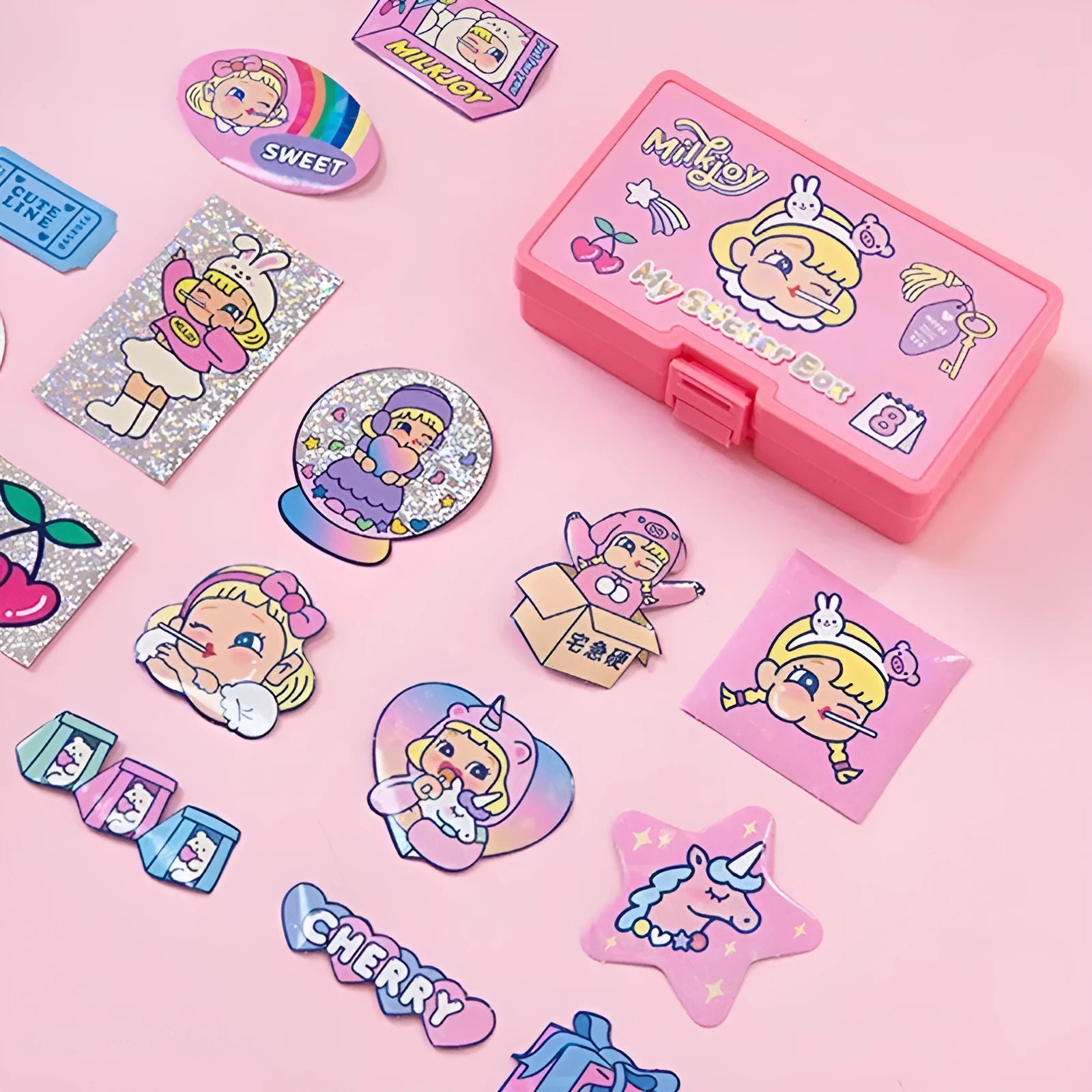 Cartoon sticker set with 16 PVC stickers and storage box for DIY decoration