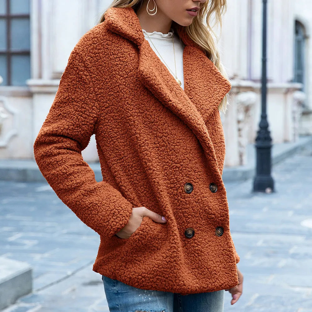 Women's loose lapel fluffy button-front winter coat cardigan in multiple colours