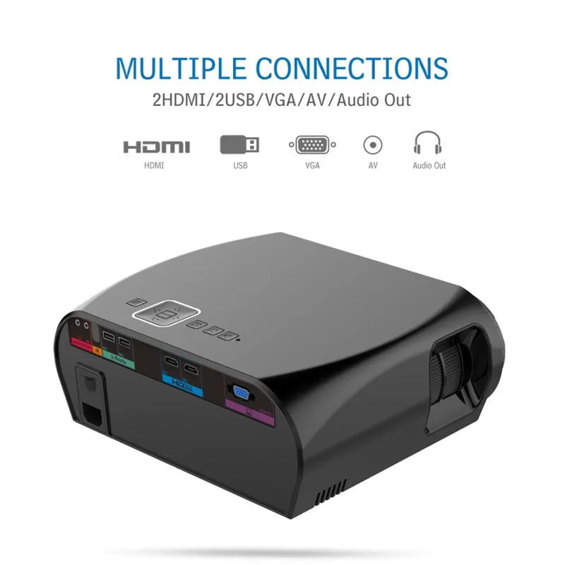 GP100 mini projector in black, 1280x720 resolution, LED front projection, 2.35 kg, 50-180 inch screen