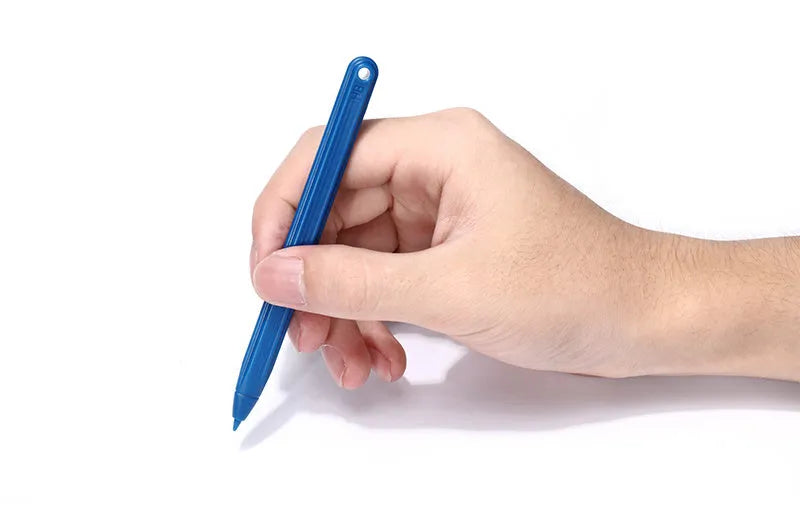 LCD writing tablet with blue green bold font, black frame, pen writing on screen, 150x122mm