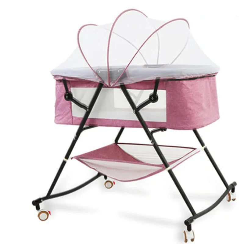 Foldable European style newborn crib with iron frame, shaker, roller, and mosquito net in a nursery setting
