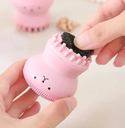 Cartoon octopus silicone foaming facial cleansing brush in pink for manual massage