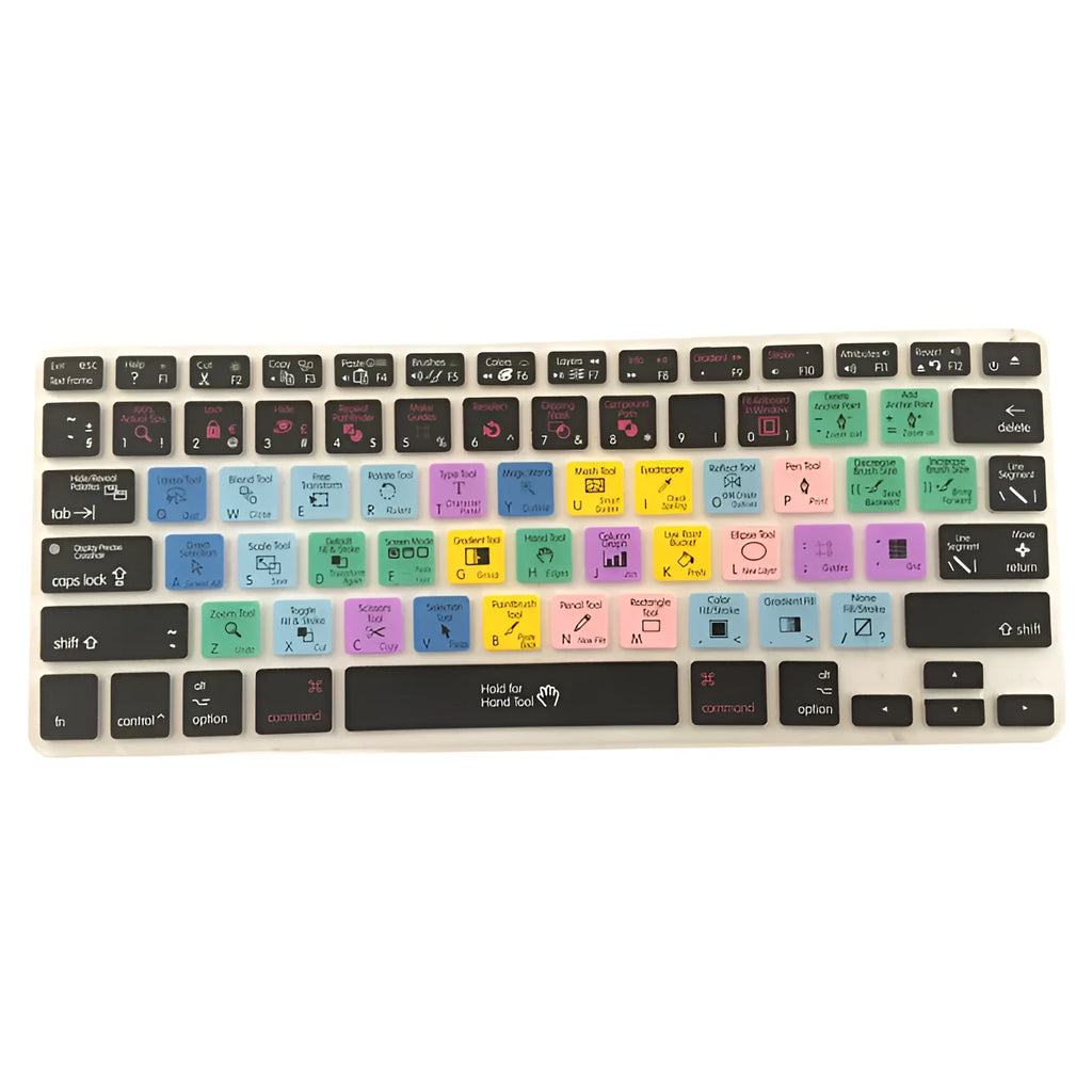 Adobe Illustrator keyboard shortcut silicone cover for MacBook Pro Air, measures 28.7 x 11.9 cm, non-Apple branded