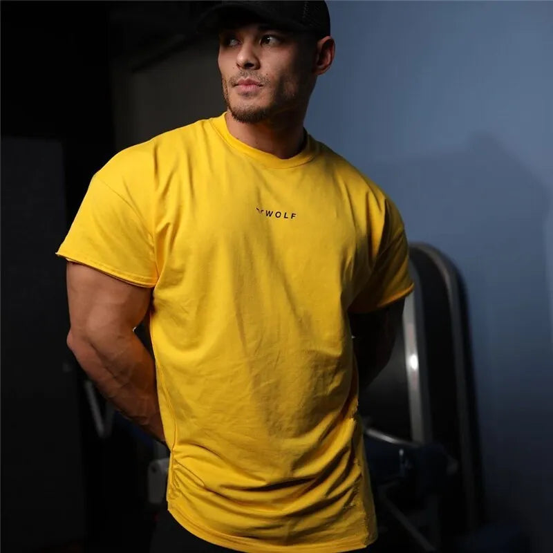 Cotton sports fitness running training top in yellow, black or white, sizes M to XXXL