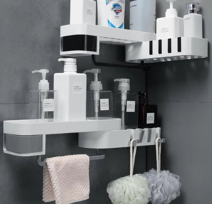 White and grey European retro style suction wall-mounted corner shelf for bathroom