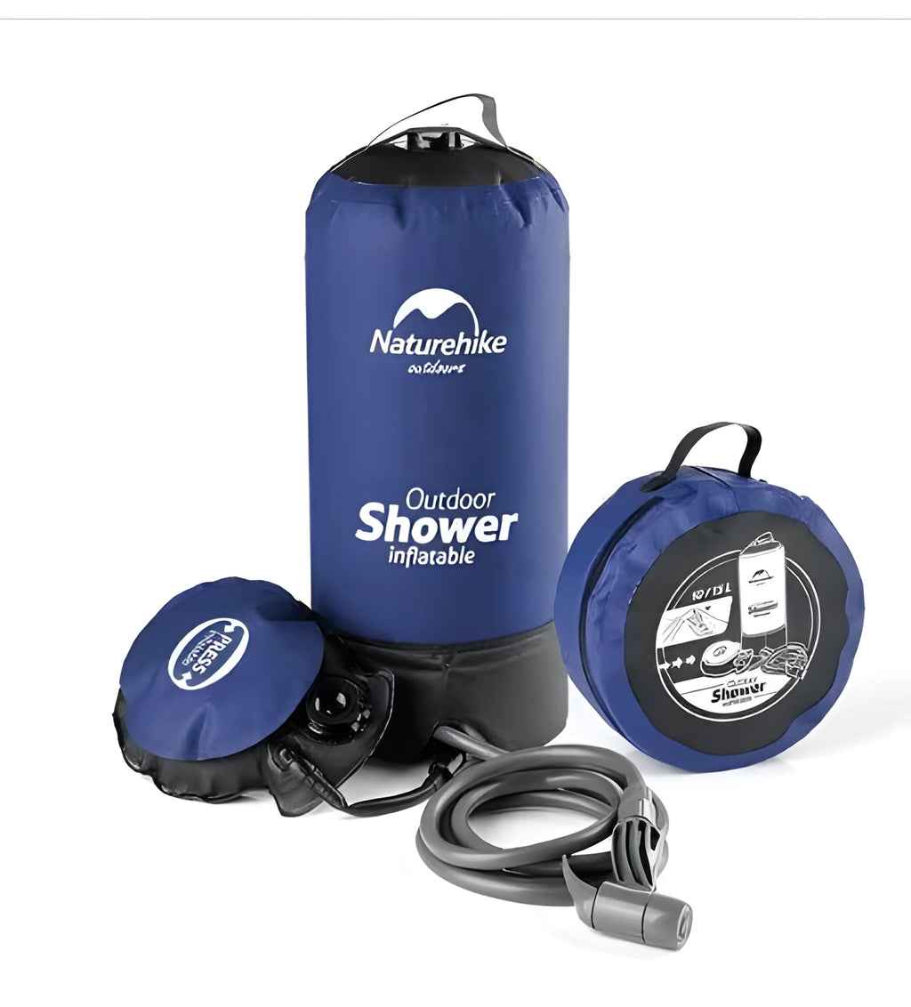 Rinse Pro blue portable outdoor shower water bag with 200cm hose and nozzle on grass