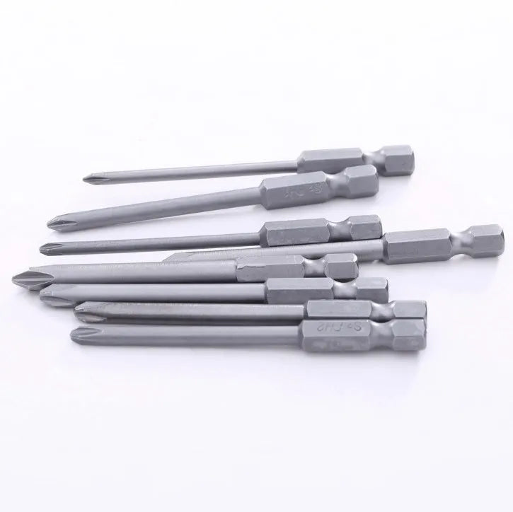 8 magnetic screwdriver bits with hex shanks in Phillips sizes PH0 to PH2