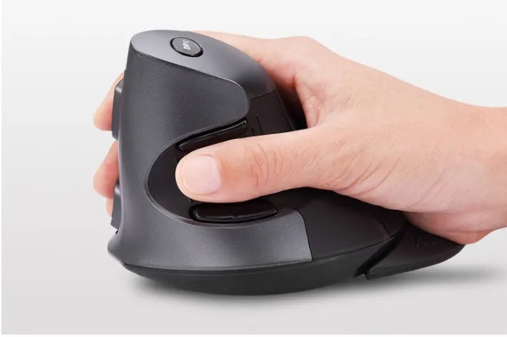 Black M618 wireless vertical ergonomic mouse on a desk, showing its 57-degree angled design and side buttons.