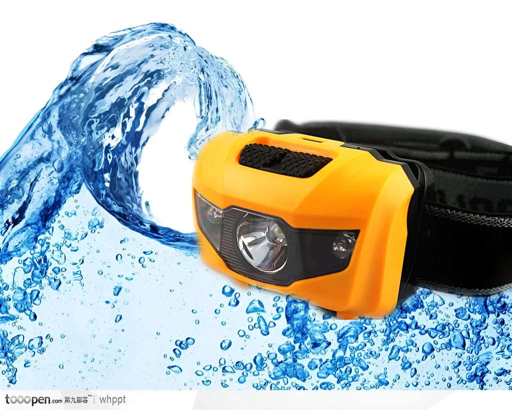 Black LED headlight with headband, showing white and red LEDs, for outdoor activities.