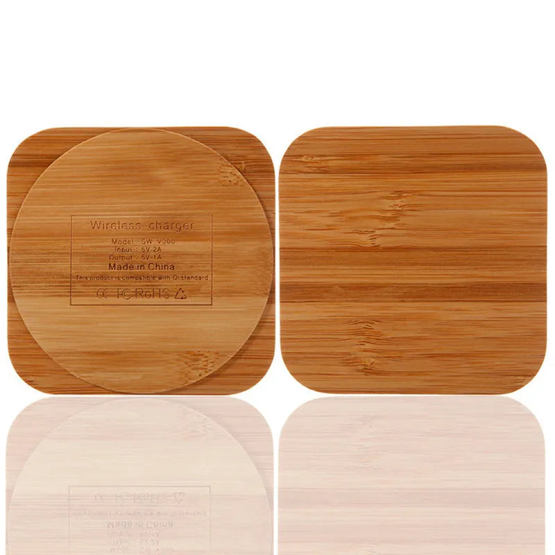 Square wooden bamboo 5W Qi wireless charging pad on a desk