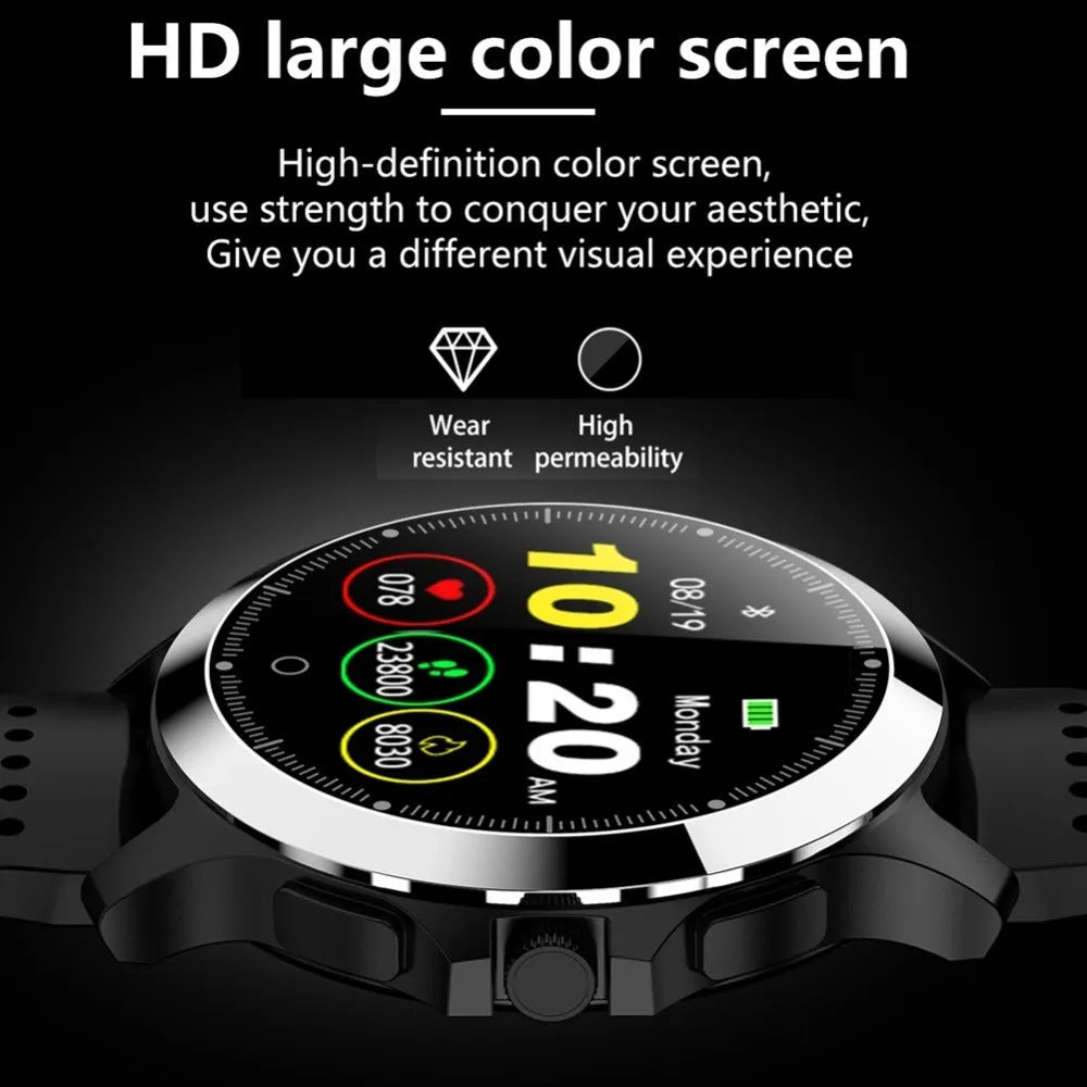 W8 ECG smart bracelet with stainless steel body and round colour screen showing cardiac monitoring data