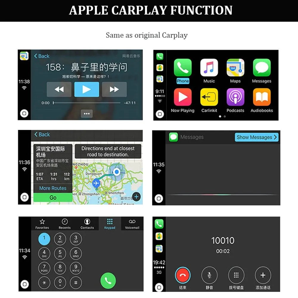 Black Wireless CarPlay USB dongle adapter for connecting iPhone to car navigation screen.