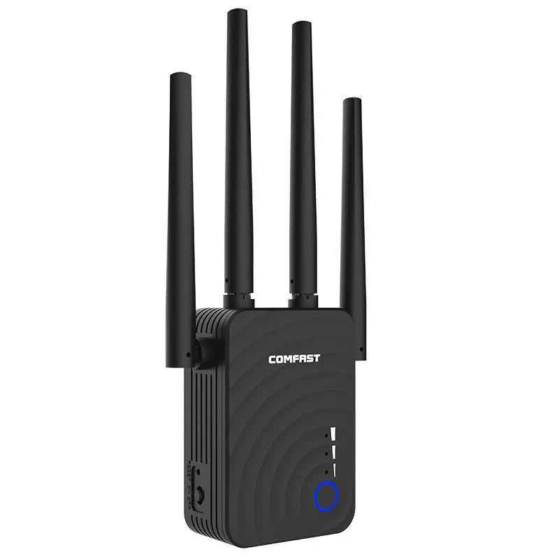 AC1200 dual band WiFi range extender with four antennas and four Ethernet ports in black colour