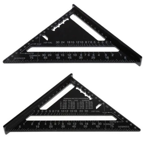 Black aluminium triangle ruler square showing 90 and 45-degree angles with measurement markings