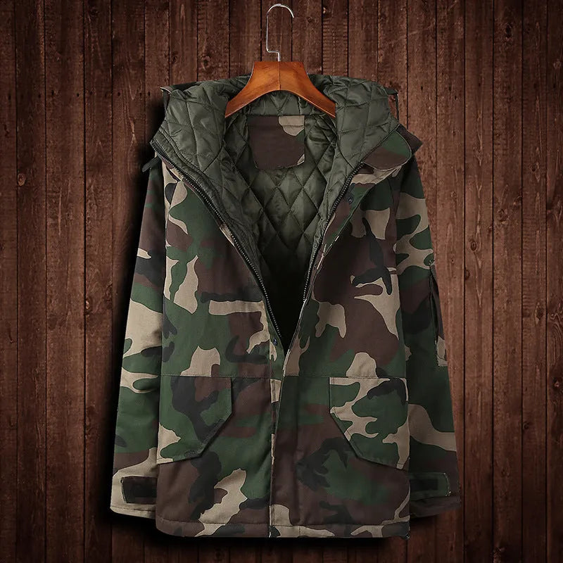Men's winter camouflage cotton hooded jacket with zipper and straight hem on white background