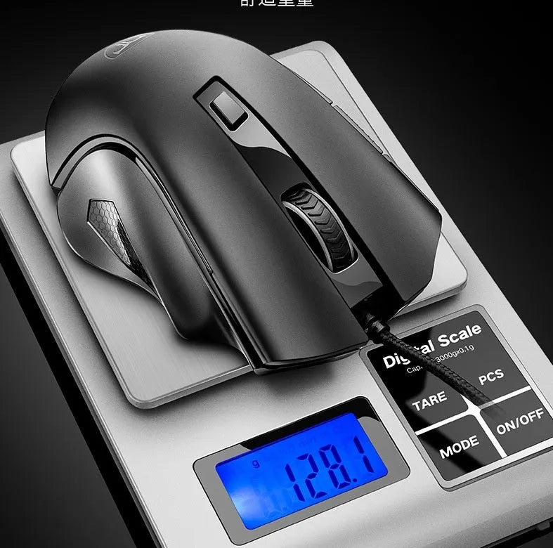 Black wired gaming mouse with six buttons, 130x85x45mm, USB cable, on desk