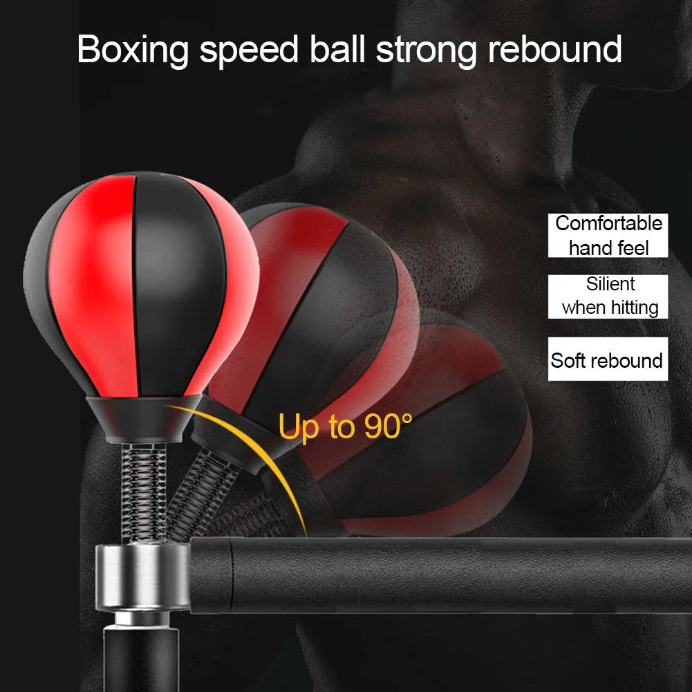 Black small boxing ball reaction trainer with 360° flexible reflex bar and 8 suction cup base on a tiled floor