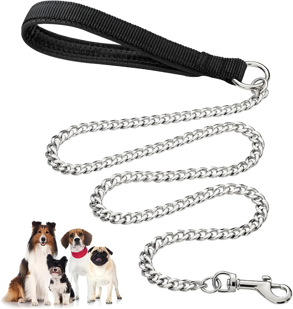 Heavy duty metal dog leash with chew-proof chain and soft blue padded handle.