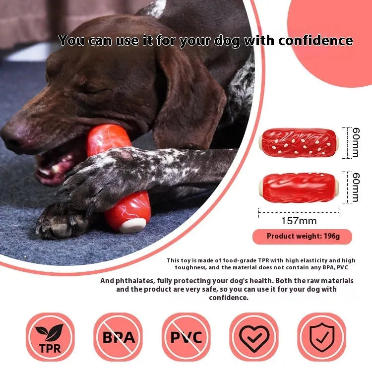Primary colour plastic dog chew toy shaped like a toothbrush and molar rod for dental cleaning.