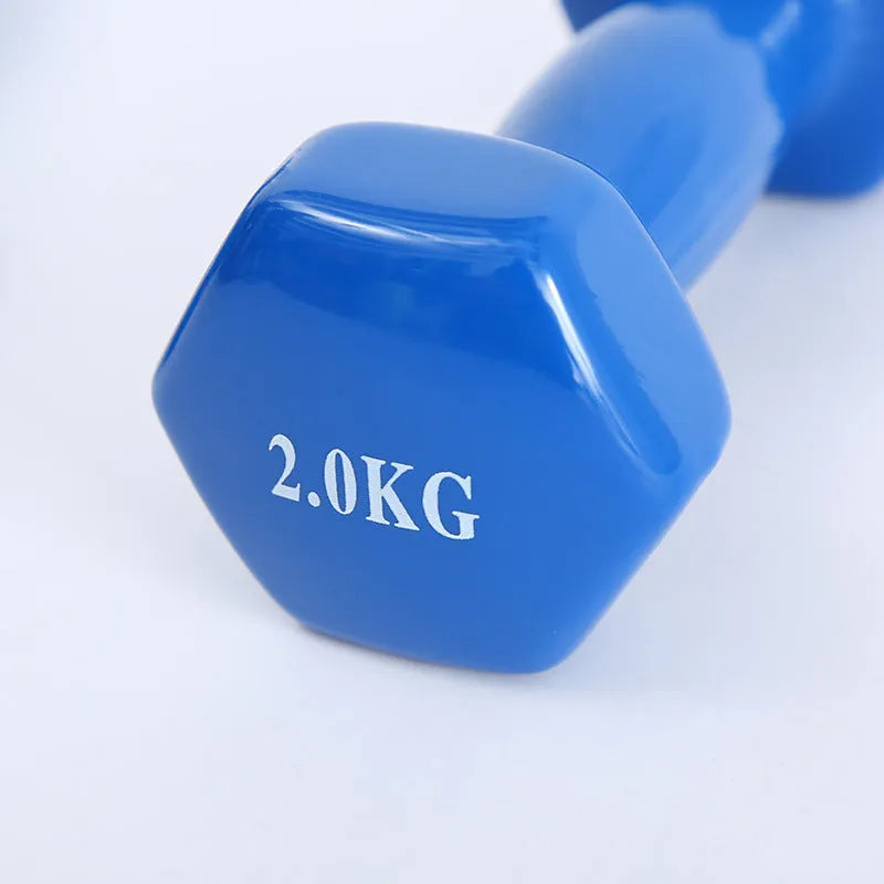Bright coloured plastic-coated fitness dumbbells for home exercise with floor protection