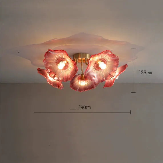 Modern creative ceiling chandelier with five white flower heads and warm lighting.
