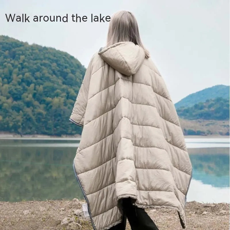 Outdoor cloak sleeping bag in grey colour showing wearable cape design and 200x140cm dimensions