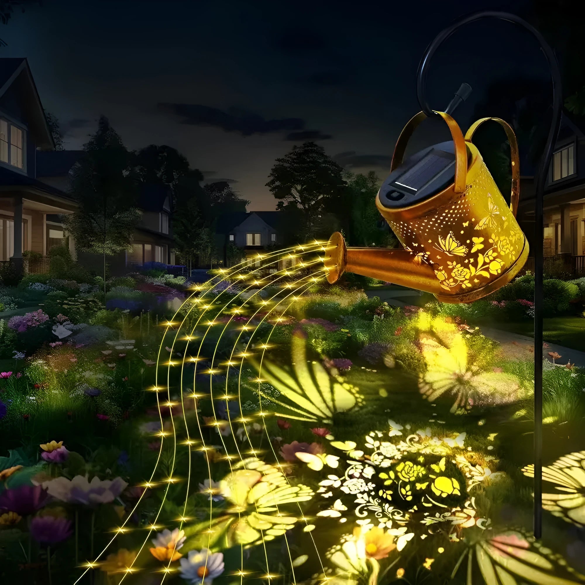 Solar-powered butterfly kettle light with wrought iron construction for outdoor courtyard decoration
