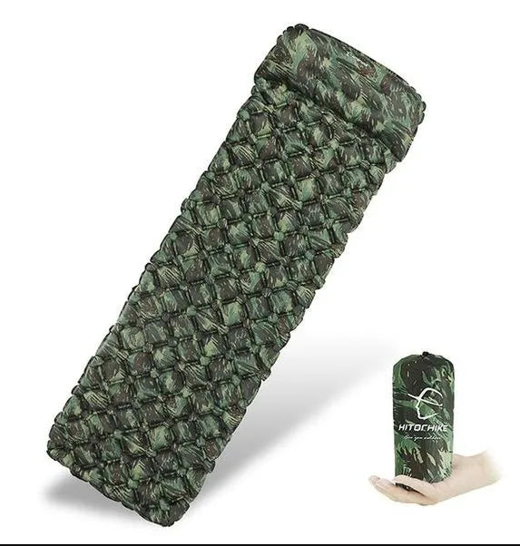 Inflatable camo sleeping pad in blue or green camouflage, compact waterproof nylon camping mat with carry sack